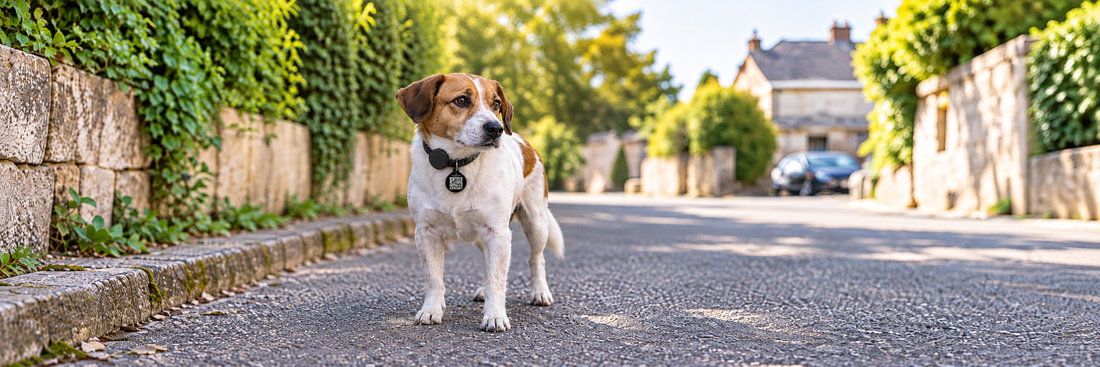 Chien portant une médaille VIGIPATTE avec QR Code, debout dans une rue de village