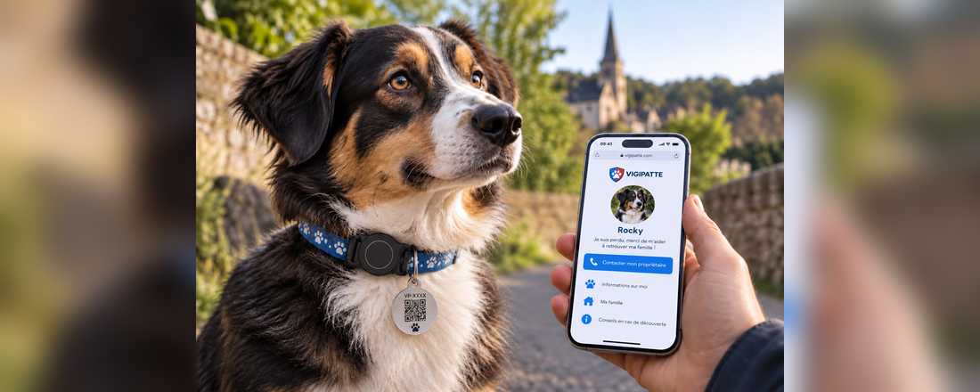 Chien portant une médaille QR Code VIGIPATTE avec fiche d’identification affichée sur smartphone
