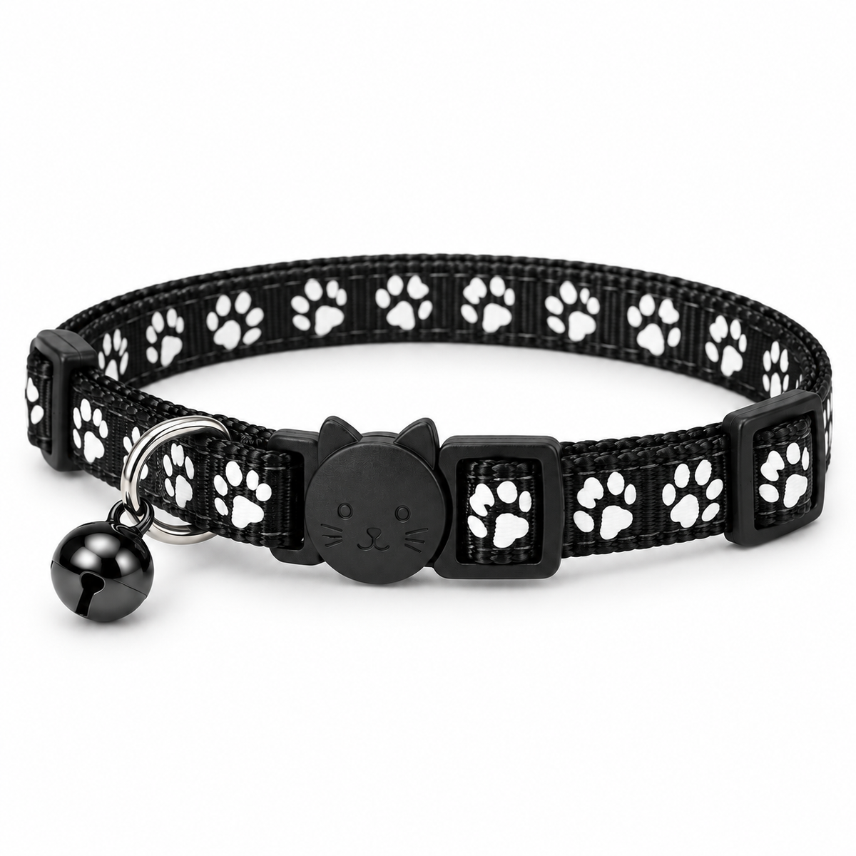 Colliers anti-étranglement pour chat noir VIGIPATTE avec motifs pattes et clochette