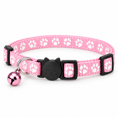 Colliers anti-étranglement pour chat rose clair VIGIPATTE avec motifs pattes et clochette
