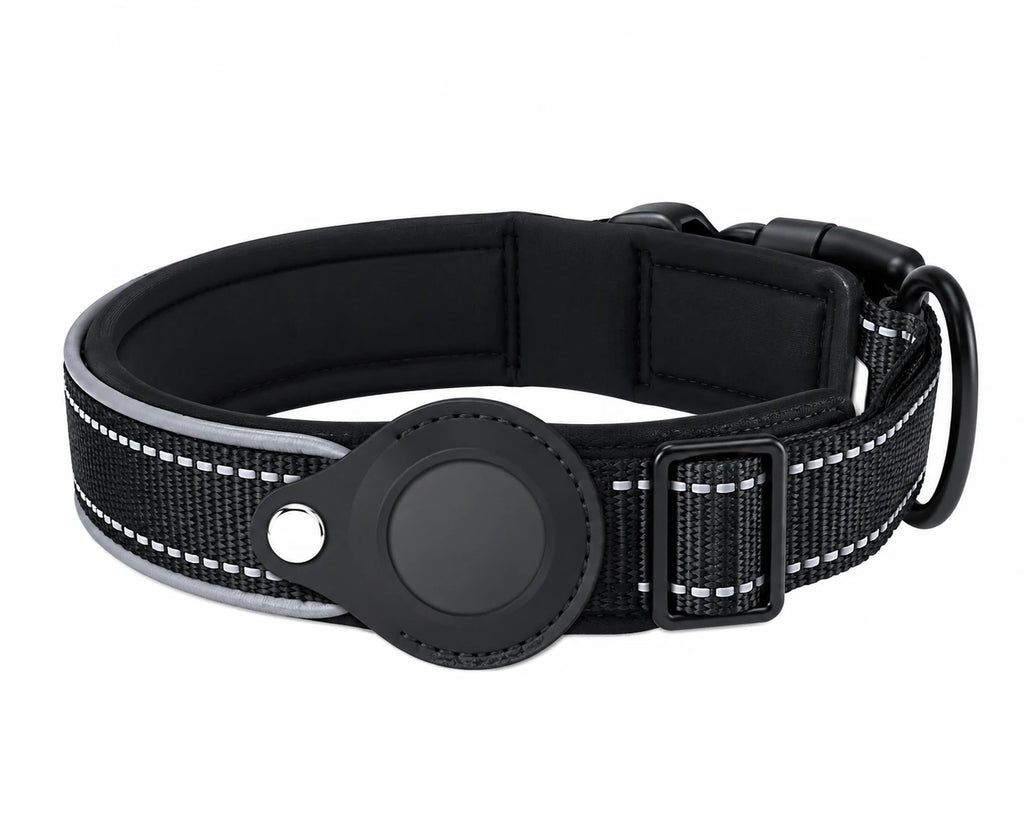 Collier pour chien noir rembourré avec coutures réfléchissantes et porte-traceur intégré, boucle à clip et anneau