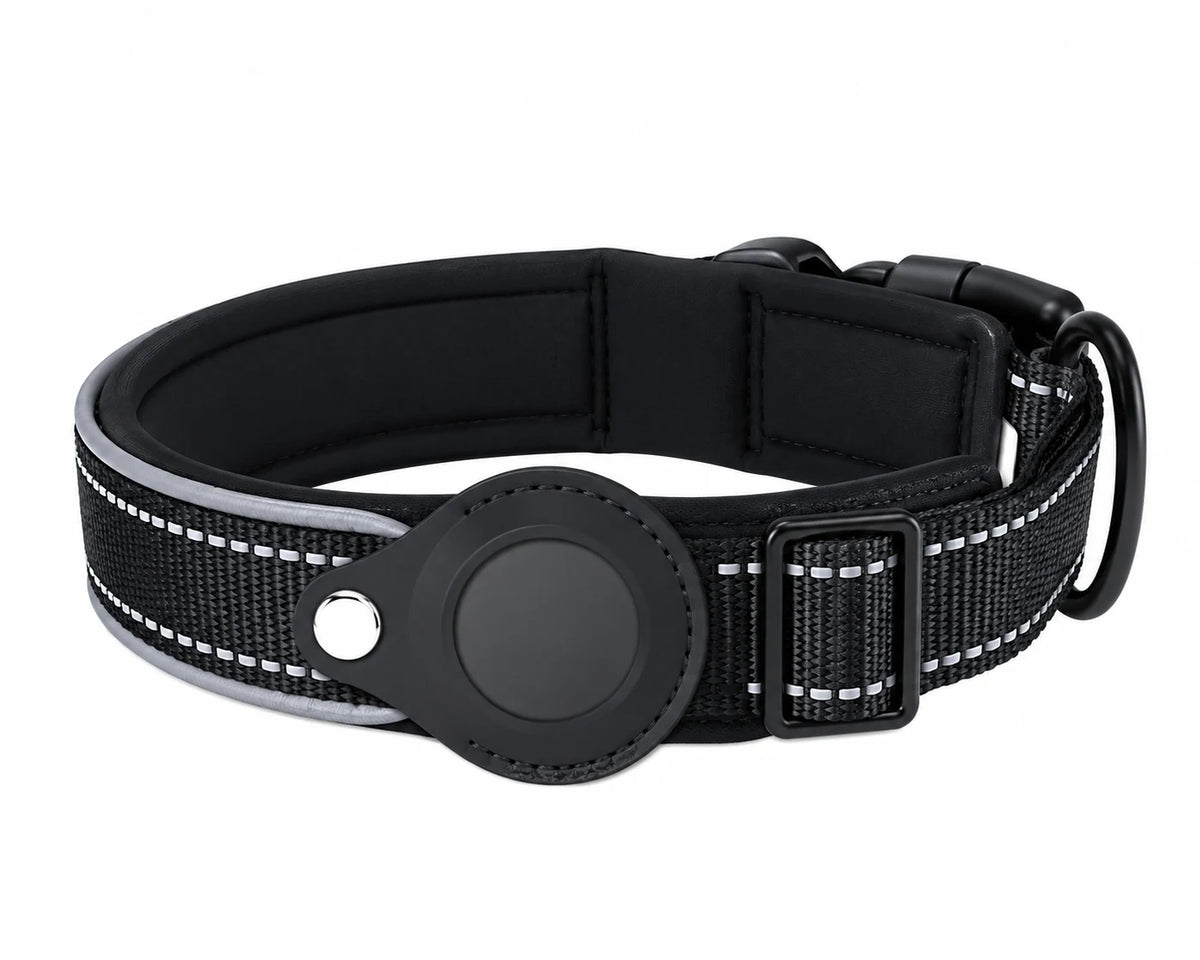 Collier pour chien noir rembourré avec coutures réfléchissantes et porte-traceur intégré, boucle à clip et anneau