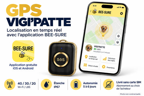 Traceur GPS VIGI'PATTE avec bouton SOS, localisation en temps réel avec l'application BEE-SURE, livré sans carte SIM
