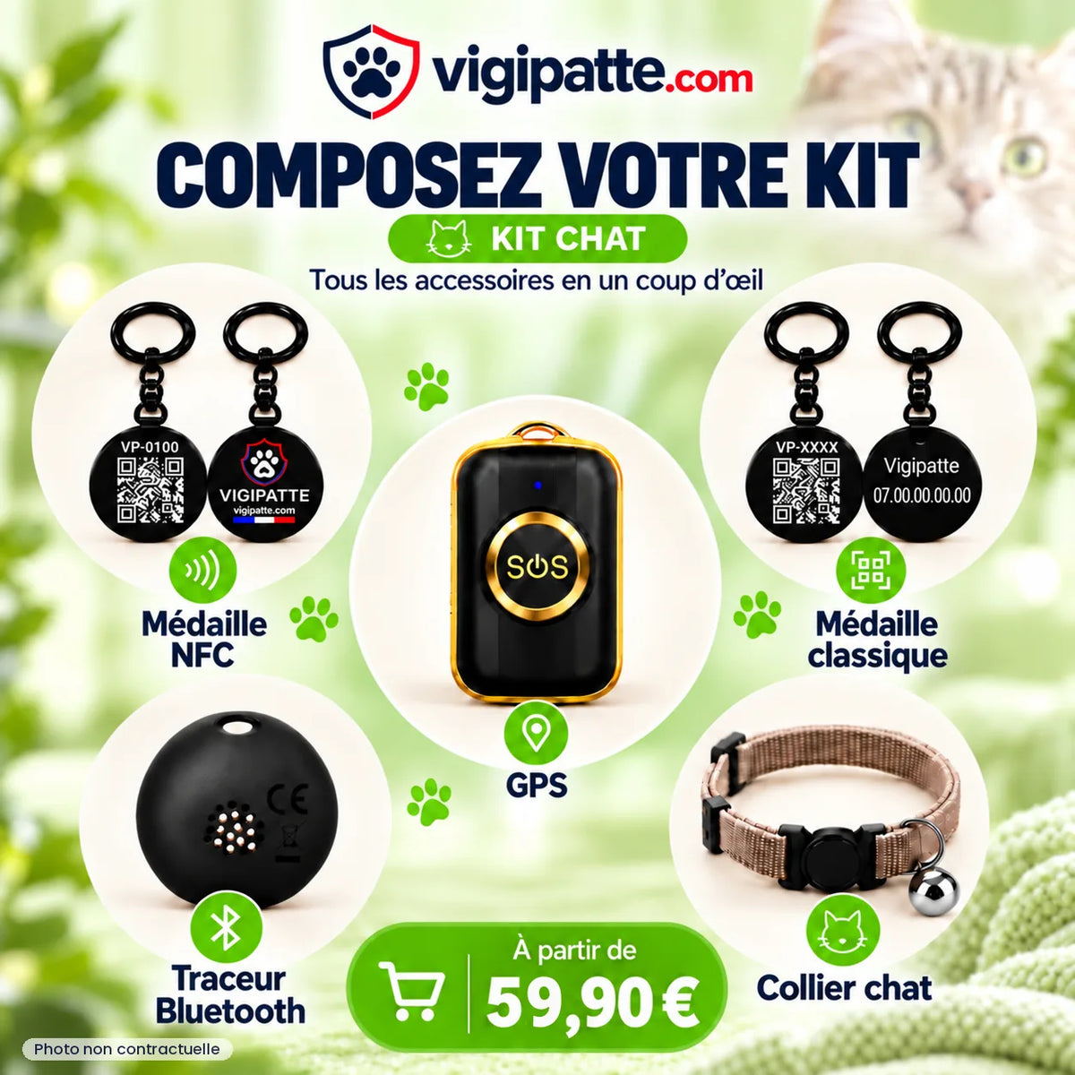 Kit d'identification pour chat VIGI'PATTE : médaille NFC, médaille classique, GPS, traceur Bluetooth et collier, dès 59,90 €