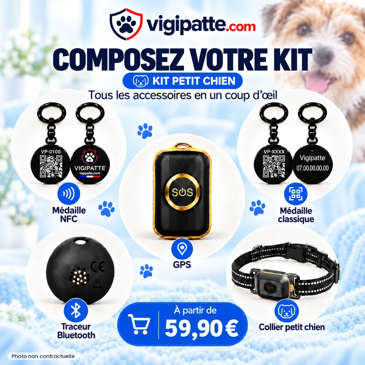 Kit d'identification petit chien : collier, médaille NFC, médaille classique, traceur Bluetooth et traceur GPS