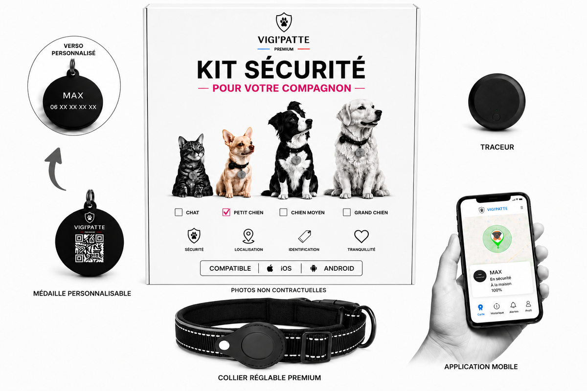 Kit de sécurité VIGIPATTE pour petit chien avec médaille QR Code, collier et traceur