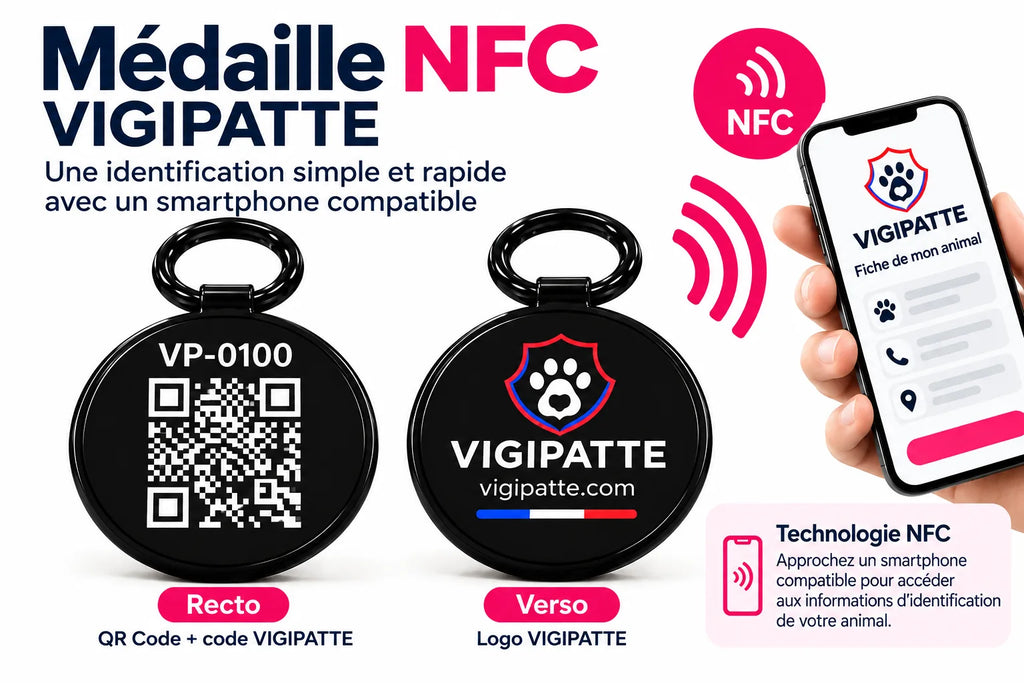 Médaille NFC VIGI'PATTE pour chat : recto avec QR Code, verso avec logo, accès à la fiche avec un smartphone compatible
