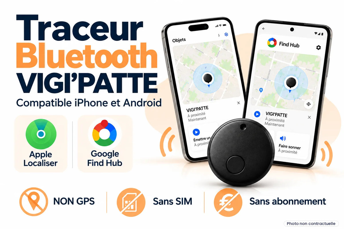 Traceur Bluetooth VIGI'PATTE compatible iPhone et Android, sans carte SIM ni abonnement