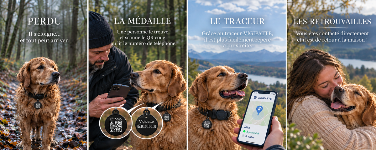 Chien perdu identifié grâce à la médaille QR Code et au traceur Bluetooth VIGIPATTE, puis retrouvé par sa propriétaire.